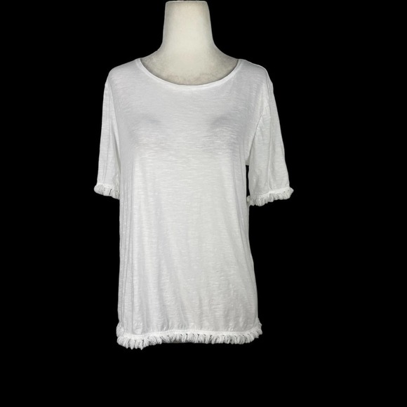 LOFT Tops - Ann TAYLOR‎ LOFT ROUND NECK SHORT SLEEVE SLUB JERSEY FRINGE T-SHIRT WHITE SMALL